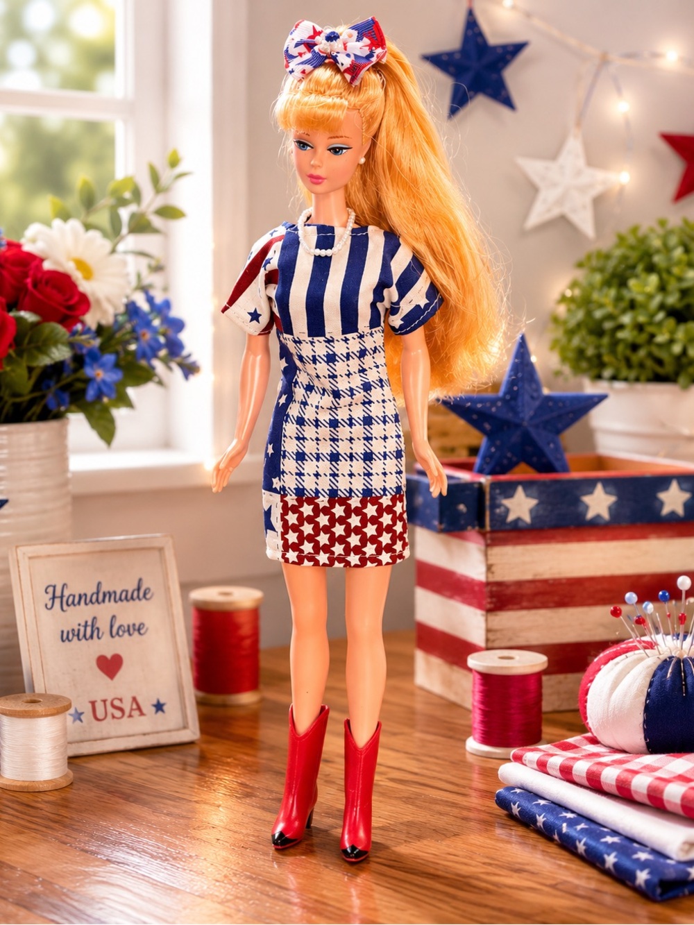 Patriotic Doll Dress & Bow Set in Red, White & Blue